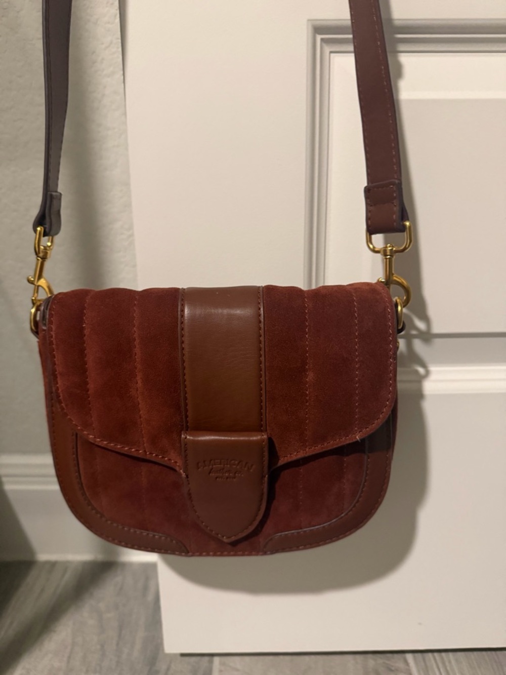 American Leather Co. Suede and leather Crossbody Saddle Bag in “Brandy”